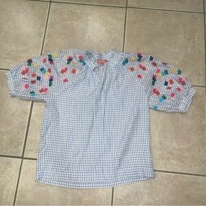 THML Small Multicolor Gingham Embroidered Blouse Top Puff Sleeve Boho Plaid